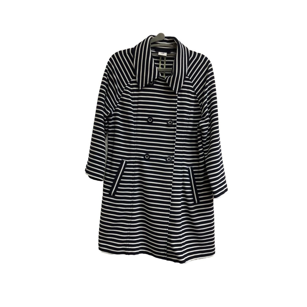 Cabi Large Maritime Trench Coat Navy White Striped 3/4 Sleeve